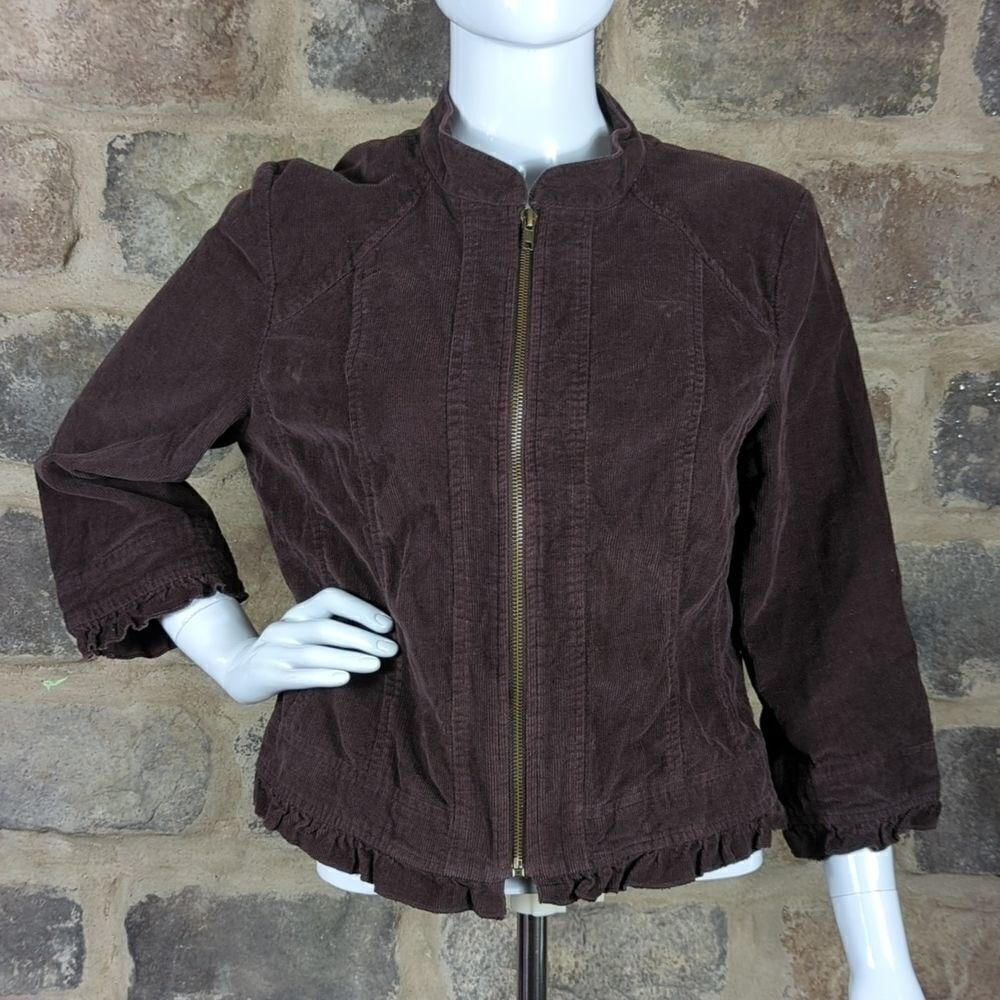 Sandro Brown Corduroy Ruffle Hem Zip Up Jacket Womens Large 3/4 Sleeve Mock Neck